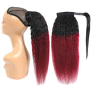 Feelgrace 100% Brazilian Human Hair Extension Wrap Around Kinky Straight Ponytail Hairpiece Ombre Burgundy Magic Paste 3C Yaki Straight Pony Tail Clip In Hairpiece 18 Inches Feelgrace