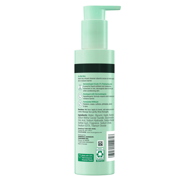 Neutrogena Skin Balancing Kaolin Clay Cleanser with 2% Polyhydroxy Acid (PHA), Mattifying & Conditioning Face Wash for Oily Skin, Paraben-Free, Soap-Free, Sulfate-Free, 6.3 oz Neutrogena