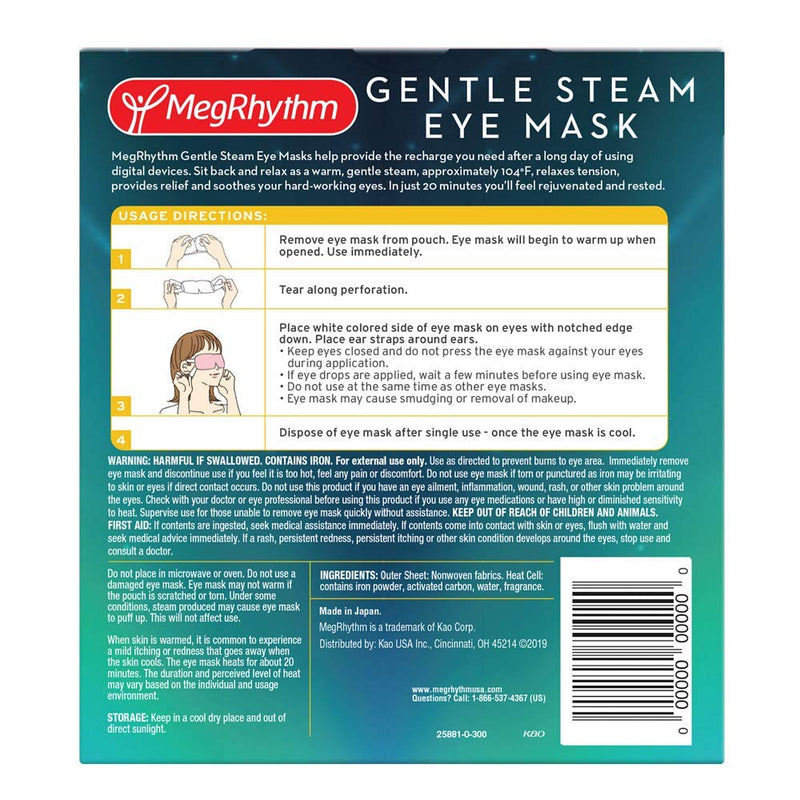 MegRhythm by Kao Gentle Steam Eye Mask, Citrus, Soothing Steam Eye Mask, Rejuvenates Eyes, Reduces Tension, 5 Count, Dermatologist and Ophthalmologist Tested MegRhythm