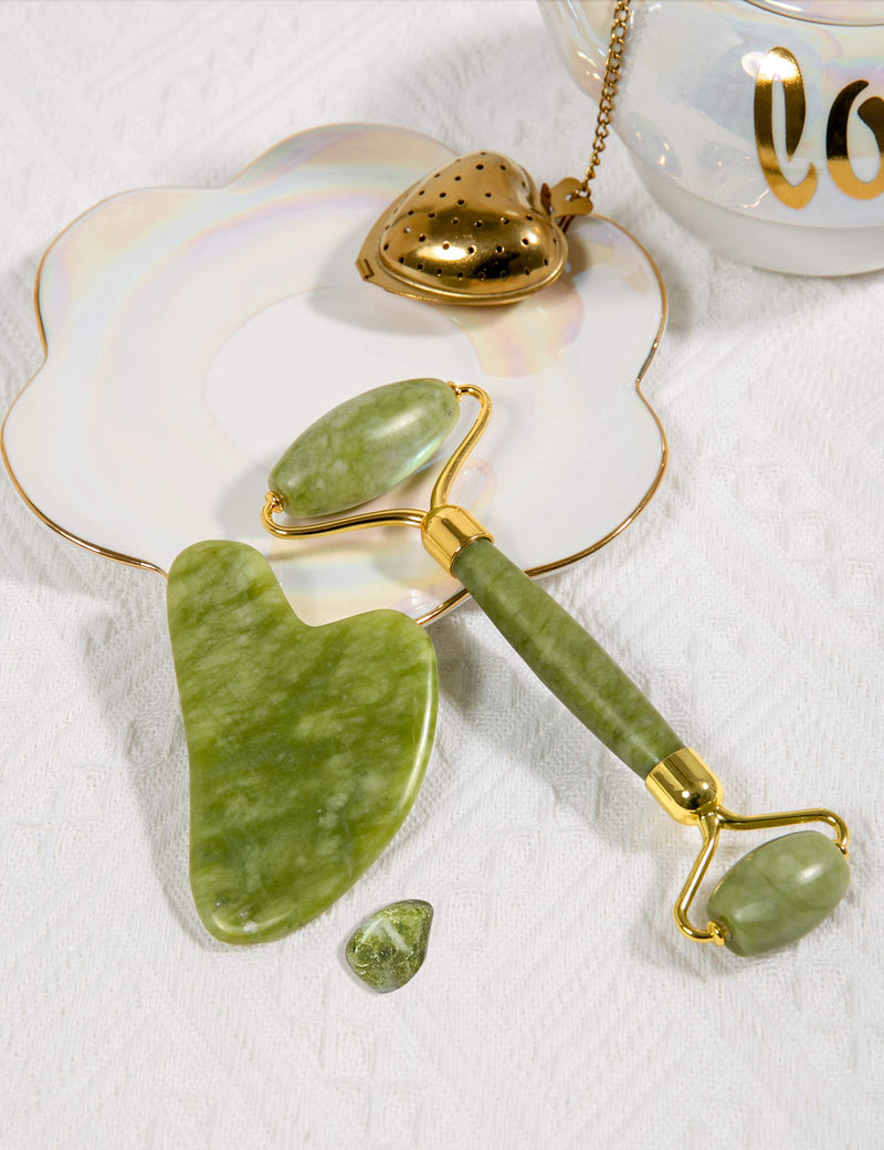 HANABEE Rose Quartz Facial Roller Jade Roller Gua Sha Facial Tools Face Roller and Gua Sha Massage Tool Body gua-sha Scalp Beauty Gift for Women Face Roller Massager (Green) HANABEE