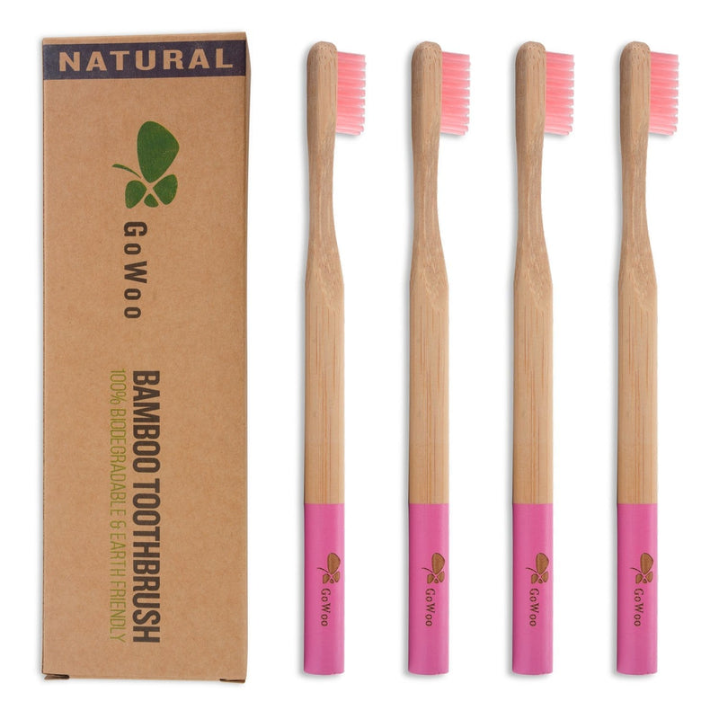 GoWoo 100% Natural Bamboo Toothbrush Soft - Organic Eco Friendly Toothbrushes with Soft Nylon Bristles, BPA-Free, Biodegradable, Dental Care Set (Pack of 4, Adult, Pink) GoWoo