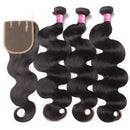 Brazilian Body Wave Bundles with Closure Brazilian Unprocessed Virgin Hair 3 Bundles with 4x4 3 Part Lace Closure (14 16 18+12) 10A Ocean Wave Human Hair Bundles with Closure B-fashion Store