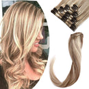 Clip in Remy Hair Extensions Human Hair Highlighted Brown Blonde for Women 10 inch 50g Light Short Seamless Clip on Real Hair Skin Weft Rooted Hairpiece 8pcs Weft Long Straight Full Head