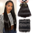 QTHAIR 12A Brazilian Straight Human Hair Bundles with Frontal(16 18 20+14,Natural Black) Brazilian Straight Virgin Hair with 13x4 Lace Frontal 100% Unprocessed Human Hair Weave with Frontal QTHAIR Store