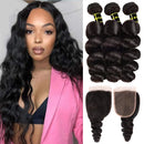 Miss CARA Brazilian Hair Loose Wave 3 Bundles with Closure Remy Hair Bundles 100% Unprocessed Virgin Human Hair Extensions Natural Color (28 28 28+20) Miss CARA Store