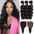 Human Hair Loose Wave Bundles Brazilian Loose Wave Hair 3 Bundles With 4X4 Lace Closure Free Part (14 16 18+12) 100% Unprocessed Human Hair Weave Bundles Can Be Dyed and Bleached Natural Black Color Miss CARA Store