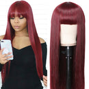 UNice Burgundy Silk Straight Human Hair Wig with Bangs, Mongolian Remy Hair Machine Made Glueless Non Lace Front Wigs for Women Red Color 150% Density (18 inch) UNICE Store
