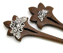Brown Wooden Hairsticks with Silver Lotus Designs (Pair) Joji Boutique