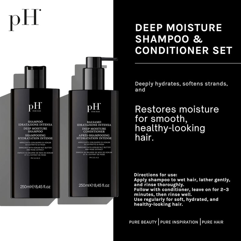 pH PURE HAIR Deep Moisture Shampoo & Conditioner Set - Moisturizing Formula For Dry Damaged Hair - Enriched with Kokum Nut Butter and Rose Extract - 8.45 Oz (Pack of 2) Infinity Warehouse