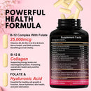 B12 with Hyaluronic Acid, Collagen and Folate – 25000 mcg B12 Complex | Maximize Absorption & Energy | Gluten Free USA Made, B1, B2, B3, B6, B7, B12 Vitamins 5000 mcg Methylcobalamin - 60 Capsules Infinity Warehouse