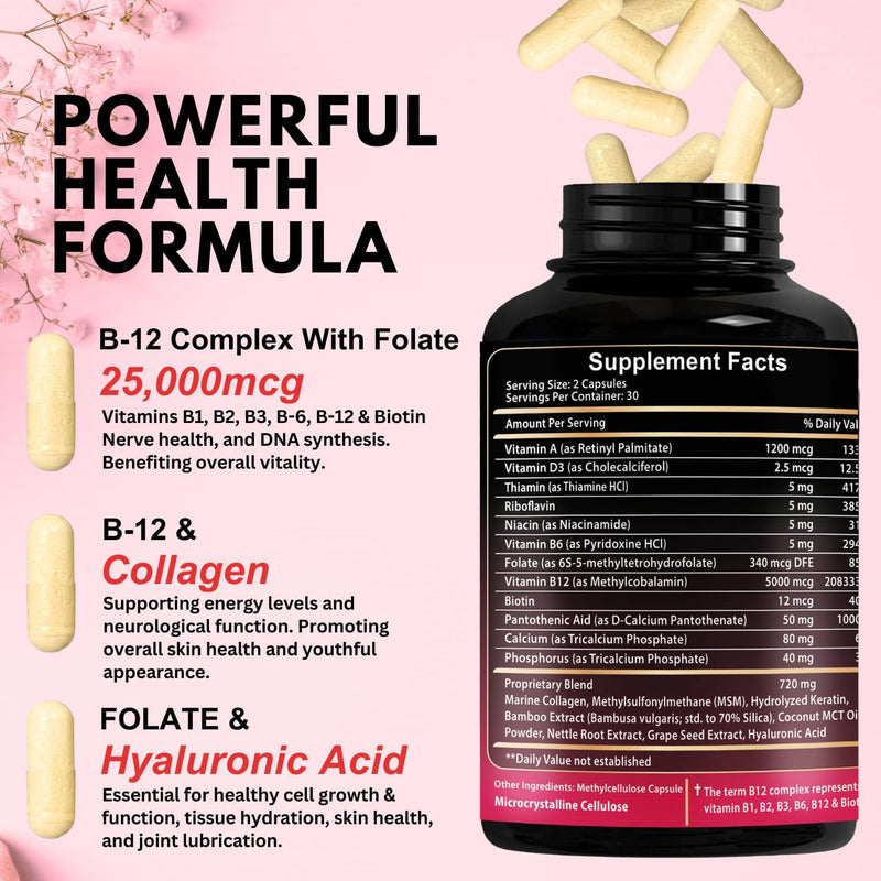 B12 with Hyaluronic Acid, Collagen and Folate – 25000 mcg B12 Complex | Maximize Absorption & Energy | Gluten Free USA Made, B1, B2, B3, B6, B7, B12 Vitamins 5000 mcg Methylcobalamin - 60 Capsules Infinity Warehouse