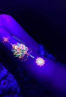 Temporary Tattoos – 1 Sheet Lotus Flower Design Body Paint Art Blacklight Reactive Light Festival Accessories Glow in the Dark Party Supplies | 7.2” x 5.2” Temp Great for EDM EDC Party Rave Parties d'IRIS studio