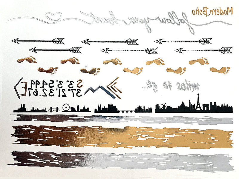 Modern Boho 5 Sheets Metallic Tattoos, Gold/Silver Flash, Wanderlust Collection Modern Boho