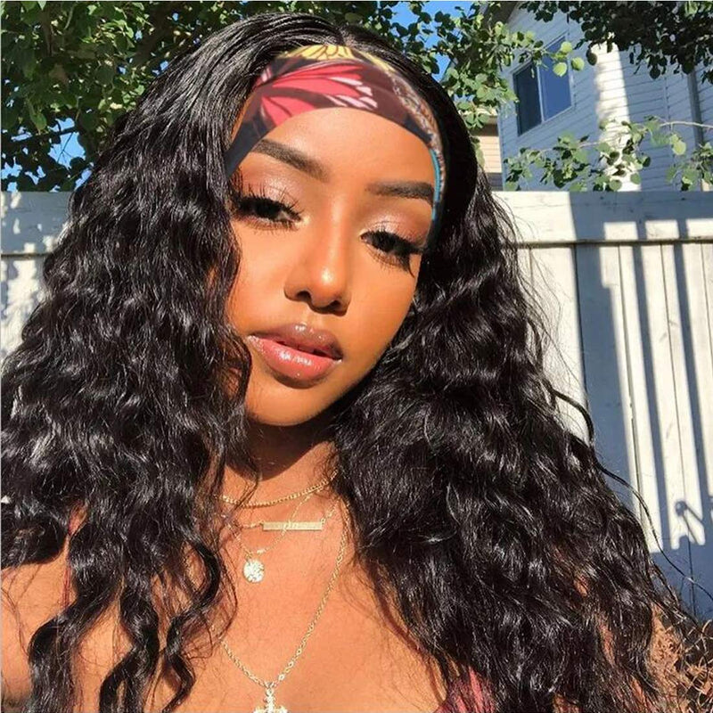 Beauty Forever Headband Human Hair Wig Water Wave Glueless Human Hair Wigs With Pre-attached Scarf Non Lace Front Wigs for women Natural Color 200% Density 16 Inch Beauty Forever Store