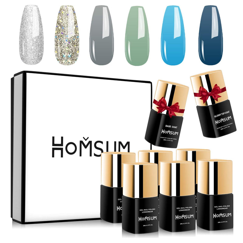 HOMSUM Gel Nail Polish Set - Blue Silver Glitter Gel Nail Polish UV LED Soak Off with No Wipe Base and Glossy Top Coat, Nail Art Manicure Kit Gift Set 8ML HOMSUM