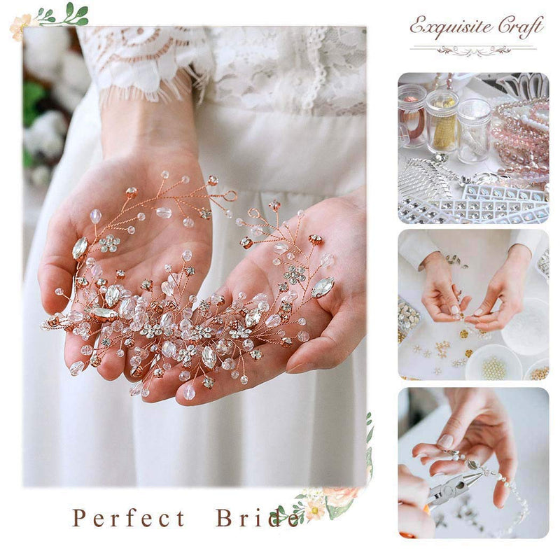Aukmla Flower Bride Wedding Hair Vine Crystal Bridal Hair Piece Rhinestone Hair Breath Accessories for Women and Girls(9.84 Inches) (Rose Gold) Aukmla