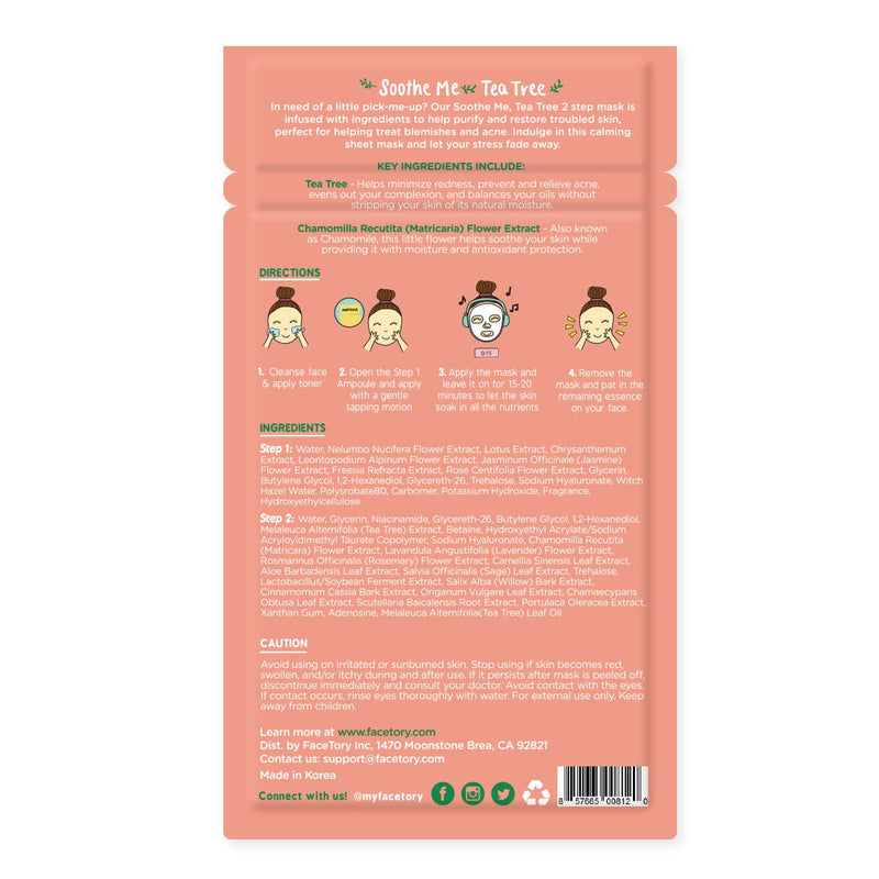 FaceTory Soothe Me Tea Tree 2-Step Sheet Mask with Tea Tree Oil and Chamomile Extract - For Acne Prone Skin, Made in Korea - Soothing, Hydrating, Calming, and Balancing (Pack of 10) FACETORY