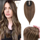 Hairro 16 Inch Silk Base Clip in Human Hair Topper for Women Highlight Medium Brown to Dark Blonde Crown Top Clip on Toupee Extensions with 4 Clips Filler Hairpiece for Thinning Hair