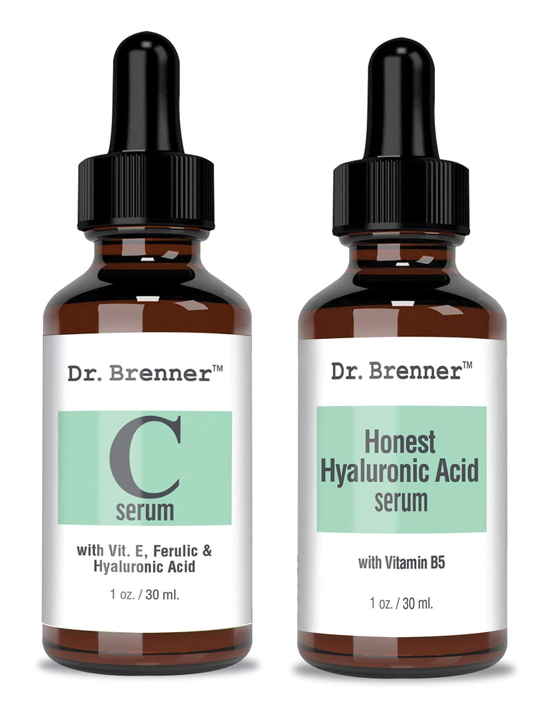 Vitamin C Serum 20% Pure L-Ascorbic Acid, Ferulic Acid, Vitamin E and HA and Hyaluronic Acid Serum with Vitamin B5 for Face and Eyes Natural Anti Aging Anti Wrinkle Set of 2 by Dr. Brenner Dr. Brenner