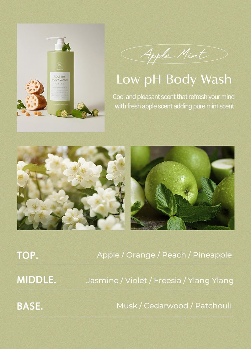 laferme Low pH balanced Gentle Korean Body Wash with Natural & Organic Ingredients, Hypoallergenic for Sensitive Skin, Moisturizing & Hydrating for Dry Skin, For Women & Men, 33 Fl Oz, Apple Mint Infinity Warehouse