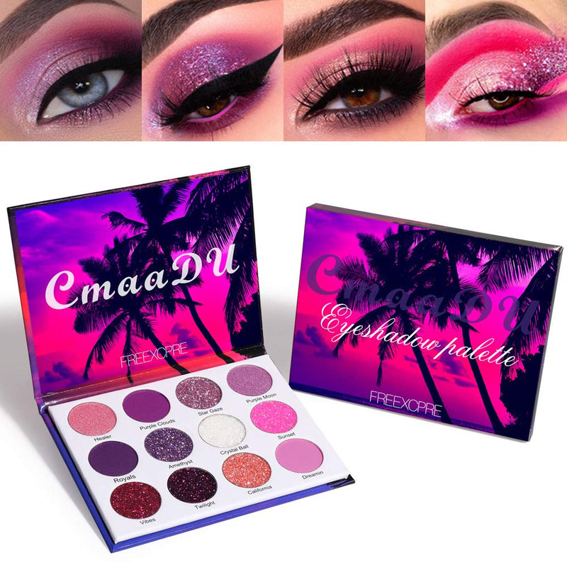 12 Colors Glitter Purple Pink Cheap Eyeshadow Makeup Palette Pallets,Bright High Pigmented Metallic Shimmer Rainbow Colorful Pressed Glitter Eyeshadow Eye Glitter Makeup Palette Pallets Set for Girls BINGBRUSH