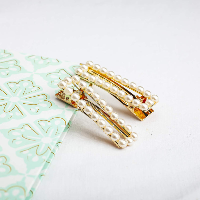 LUX ACCESSORIES White Pearl Rectangle Goldtone Hair Clip Bridal Bobby Pin Barrette LUX ACCESSORIES