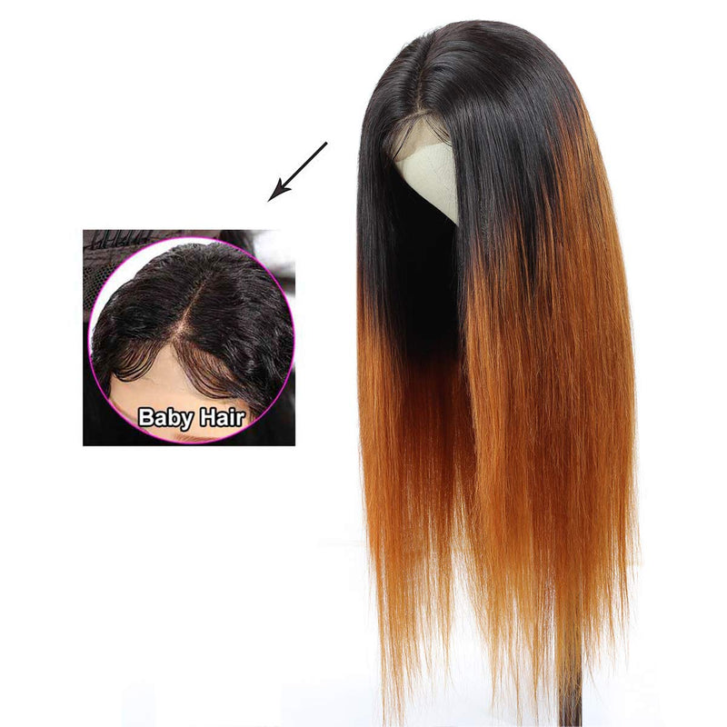 Seelaak Silky T Part Straight Wig 13x4 Transparent Lace Wig 22 Inches 150% Density Ombre Brown Straight Lace Front Wig Human Hair seelaak