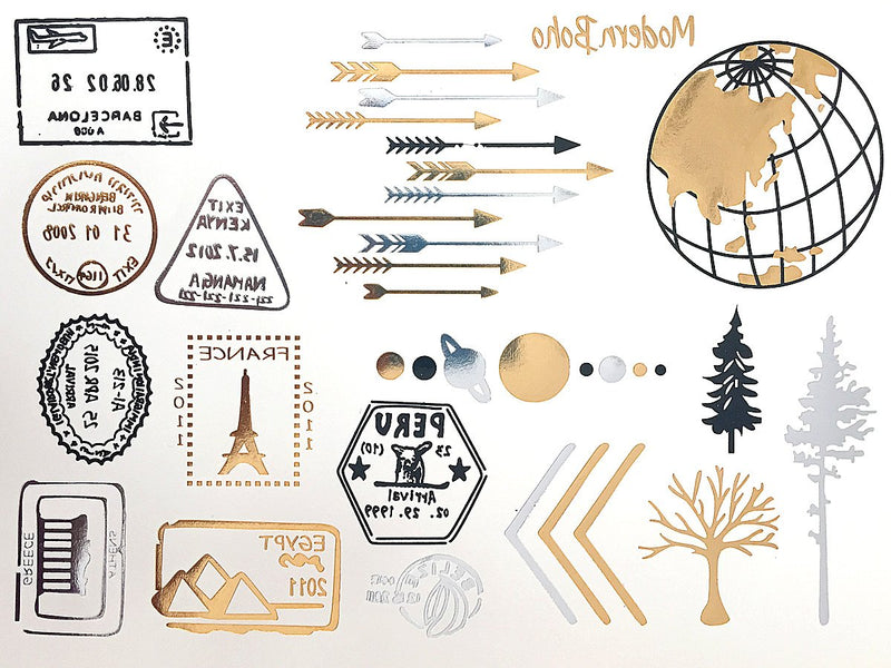 Modern Boho 5 Sheets Metallic Tattoos, Gold/Silver Flash, Wanderlust Collection Modern Boho