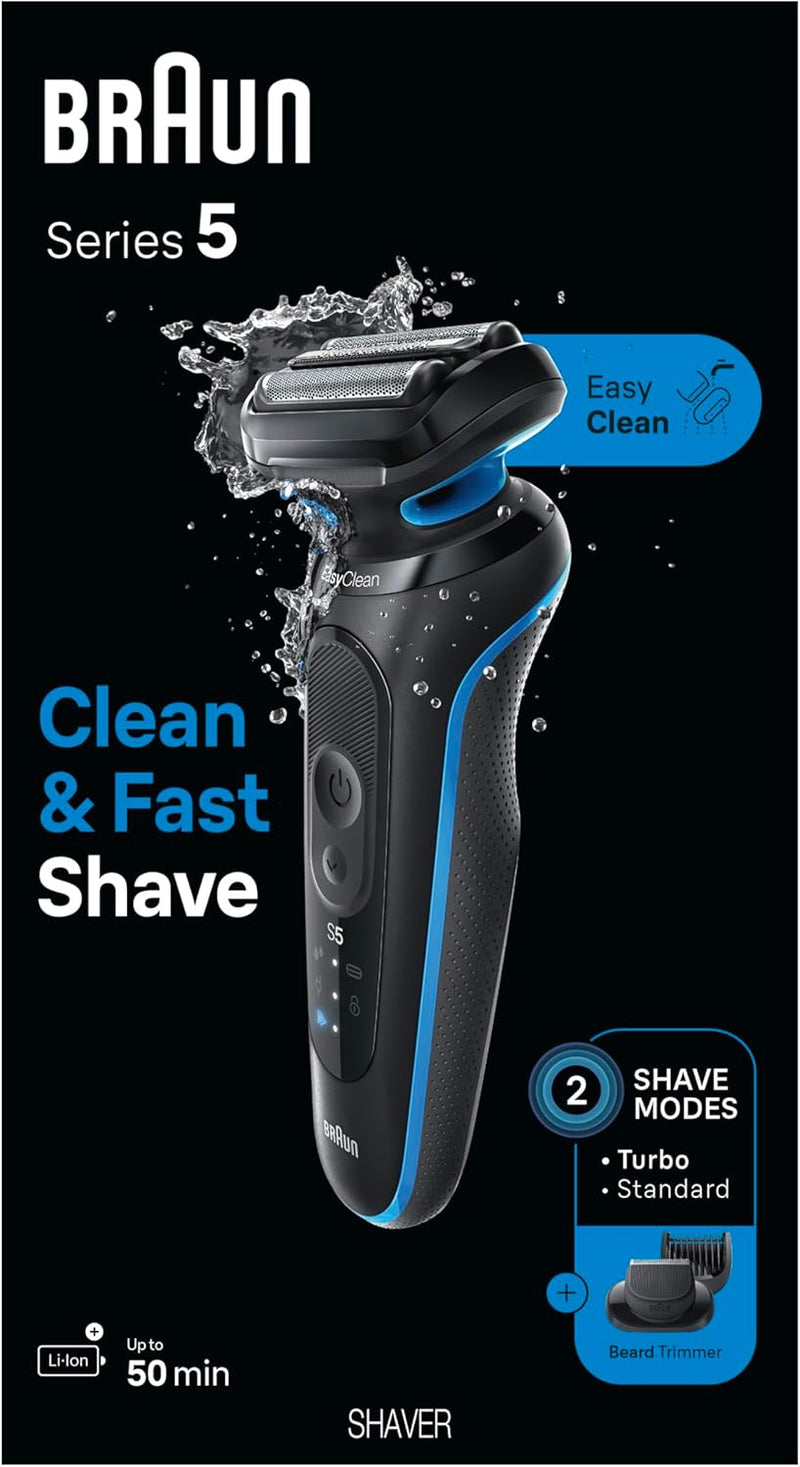 Braun Electric Shaver for Men, Series 5 5120s, Wet & Dry Shave, Turbo Shaving Mode, Foil Shaver, Engineered in Germany, with Beard Trimmer & Attachments, Blue Infinity Warehouse