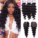 Brazilian Loose Deep Wave Human Hair Bundles with Closure 10A Virgin Unprocessed Human Hair Bundles (26 28 30+20) Mink Loose Deep Curly Hair Weave Bundles Natural Color Remy Hair Extensions Afrodiva Store