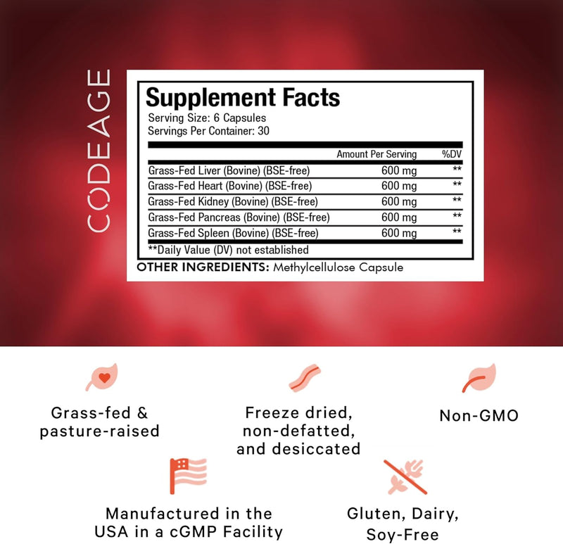 Codeage Grass Fed Beef Organs Supplement – Glandulars Supplements - Freeze Dried, Non-Defatted, Desiccated Liver, Heart, Kidney, Pancreas & Spleen Bovine Pills – Beef Vitamins - Non-GMO -180 Capsules Infinity Warehouse