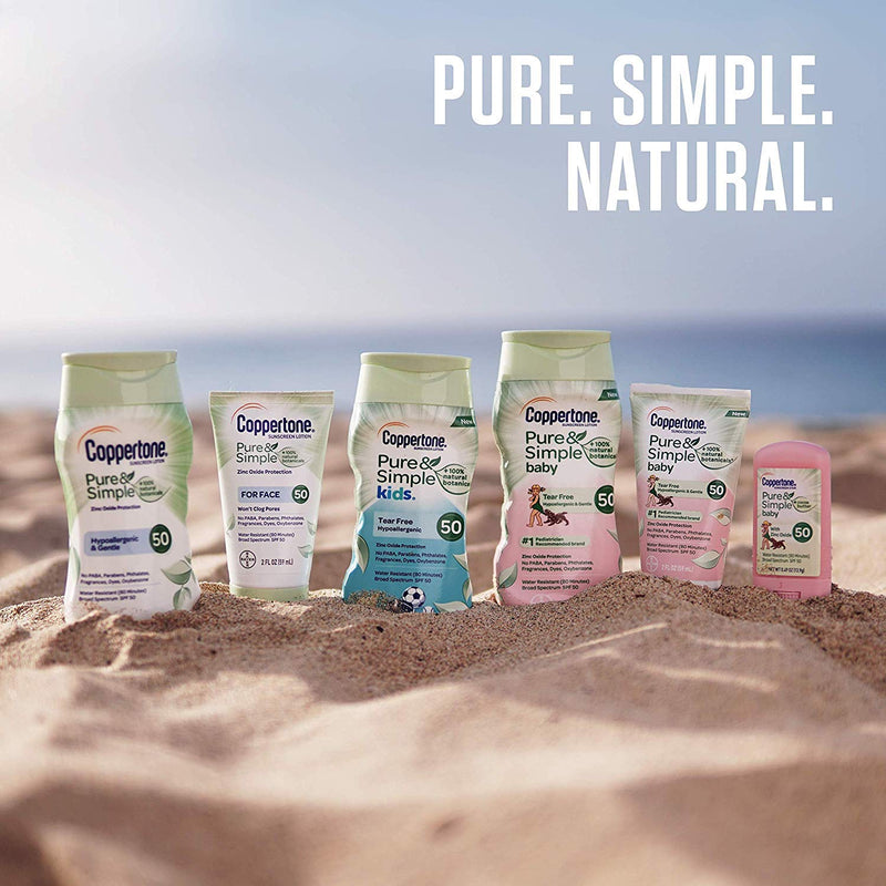 Coppertone Pure and Simple Zinc Oxide Mineral Sunscreen Stick SPF 50, Face Sunscreen Stick, Water Resistant, Broad Spectrum SPF 50 Sunscreen for Sensitive Skin, 0.49 Oz Stick Coppertone
