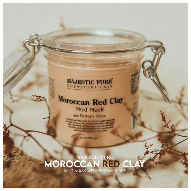 MAJESTIC PURE Moroccan Red Clay Facial Mud Mask with British Rose - Natural Skin Care Mask for Pore Cleansing and Dull & Sensitive Skin - Fights Acne and Blackheads - 10 oz MAJESTIC PURE
