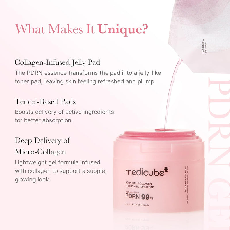 medicube Salmon DNA PDRN Pink Collagen Jelly Pad | Korean Gel Toner Pads with Niacinamide, Madecassoside, Retinol | Soothing, Radiance & Uneven Skin Tone | Korean Skin Care | 70Pads Infinity Warehouse