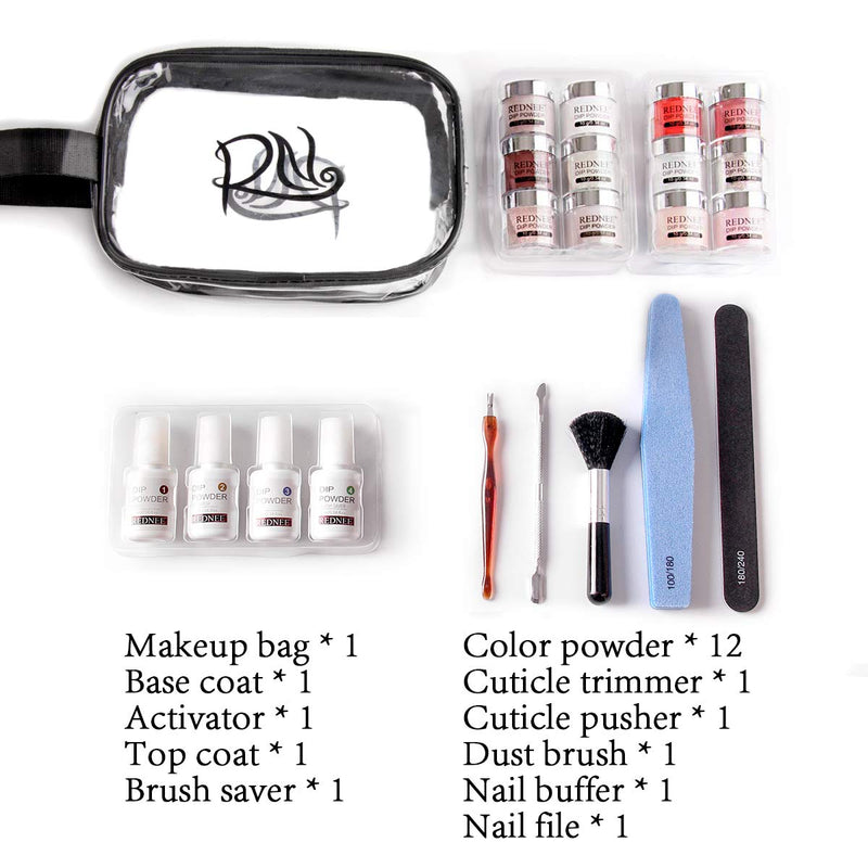 REDNEE Dip Powder 12 Colors Nail Starter Kit with Base Activator and Top Coat 22pcs Gift Set for Nail Art - RE08 Inviting Color REDNEE