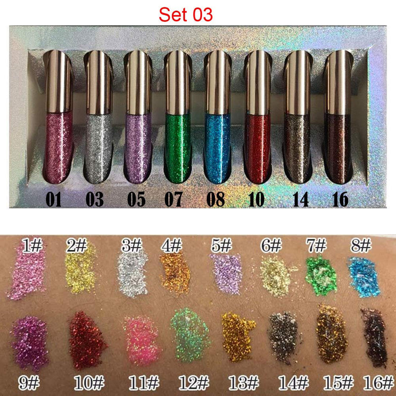 8 Colors Glitter Sparkle Sparkly Sparkling Eyeliner Liquid Makeup Set delineadores de colores,DNM Liquid Glitter Eyeliner Colorful Set Gold Silver white Red Shimmer Liquid Eyeliner Liner for Eyes 03 DNM