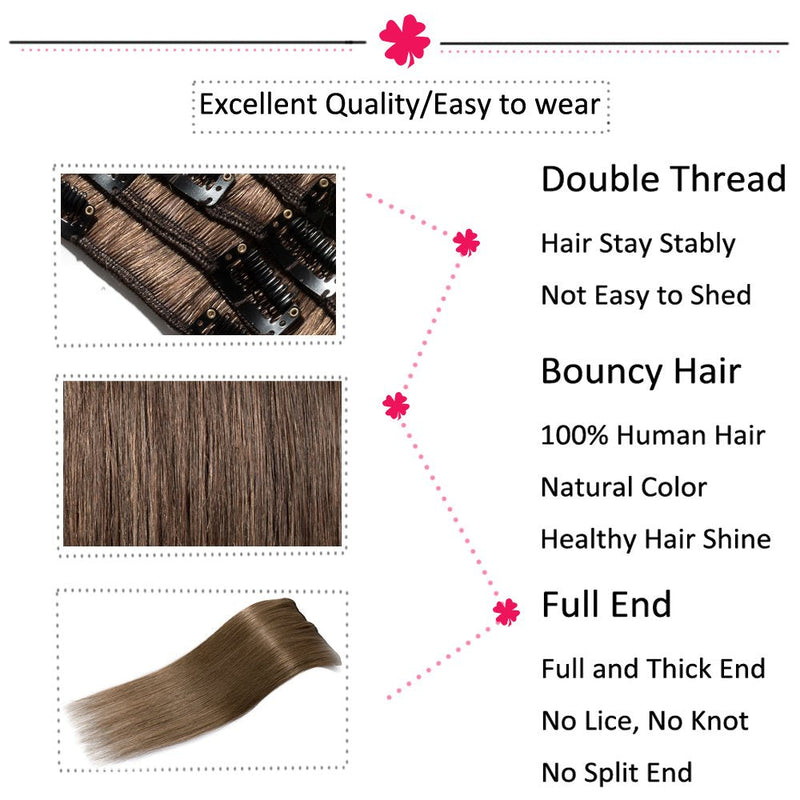16 Inch Long Clip in Hair Extensions 100% Human Hair 65g Thin 8 Pcs 18 Clips Standard Weft Straight Clip on Human Hairpieces for Women Beauty
