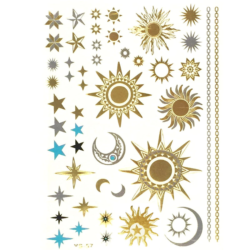 Allydrew Large Metallic Gold Silver and Black Body Art Temporary Tattoos, Sun, Moon, Stars allydrew