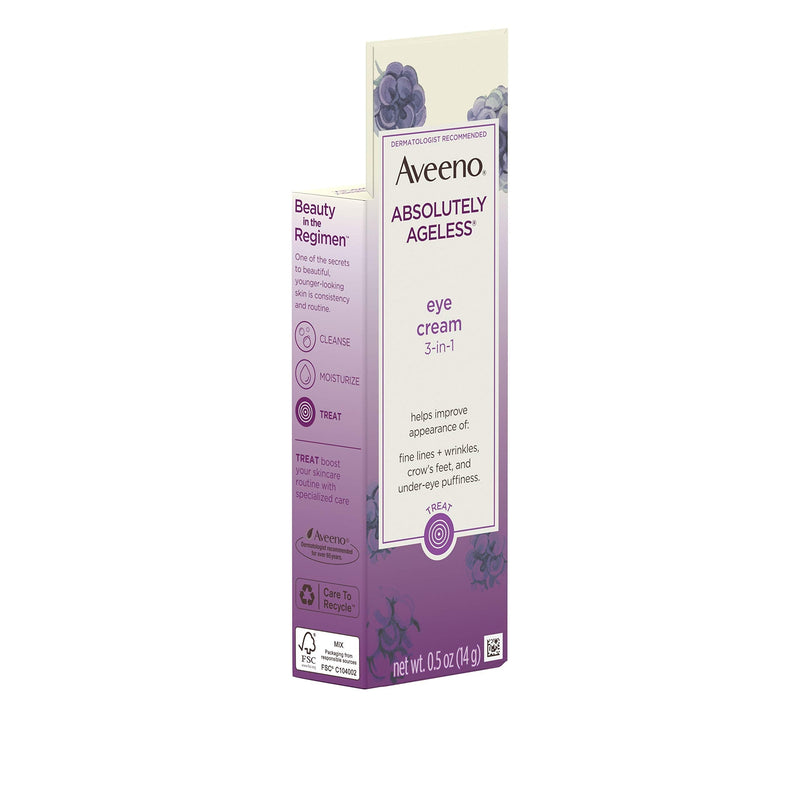 Aveeno Absolutely Ageless 3-in-1 Anti-Wrinkle Eye Cream for Fine Lines & Wrinkles, Crows Feet, & Under-Eye Puffiness, Antioxidant Blackberry Complex, Hypoallergenic, Non-Greasy, 0.5 oz Aveeno