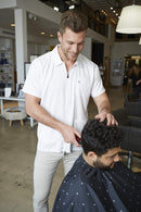 Barber Strong Barber Jacket, Men's White, Hair Repellent, Lightweight and Breathable Vented Side Panels, Features Easy Hair Removal and 2-Way Zipper Closure, M, Great for Pet Grooming Barber Strong