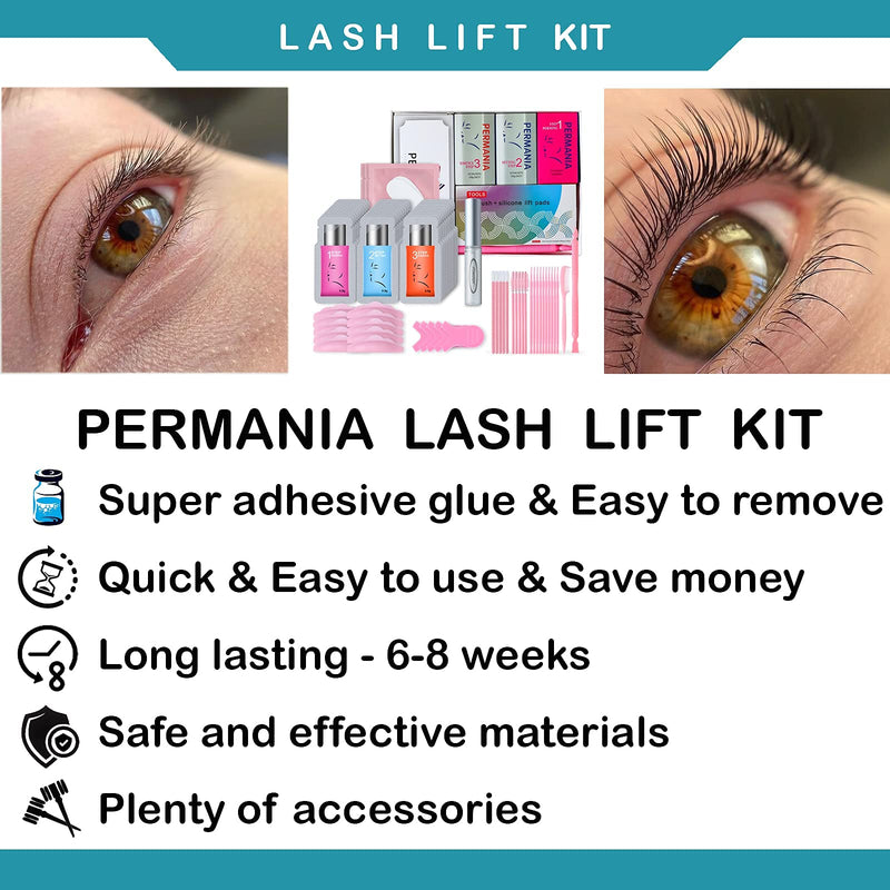 PERMANIA lash Lift Sachet Kit,Eyelash Perm Kit, Fast Lash Lifting 5 Minutes DIY At Home With Strong Glue Disposable Sachet Professional Lash Perming Kit Last 8 Weeks PERMANIA