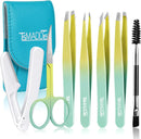 TsMADDTs 7PCS Tweezers Set for Women Facial Hair, Precision Tweezer for Eyebrows with Curved Scissor and Eyebrow Razor for Ingrown Hair, Yellow&Green