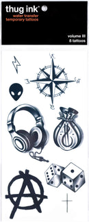 Thug Ink Temporary Tattoos - Volume III - 8 Temporary Tattoos ~ Face Tattoos ~ Money Bag, Compass, Alien Head, etc~ Thug Life ~ Fake Tattoos ~ Water-transfer Tattoos Thug Ink