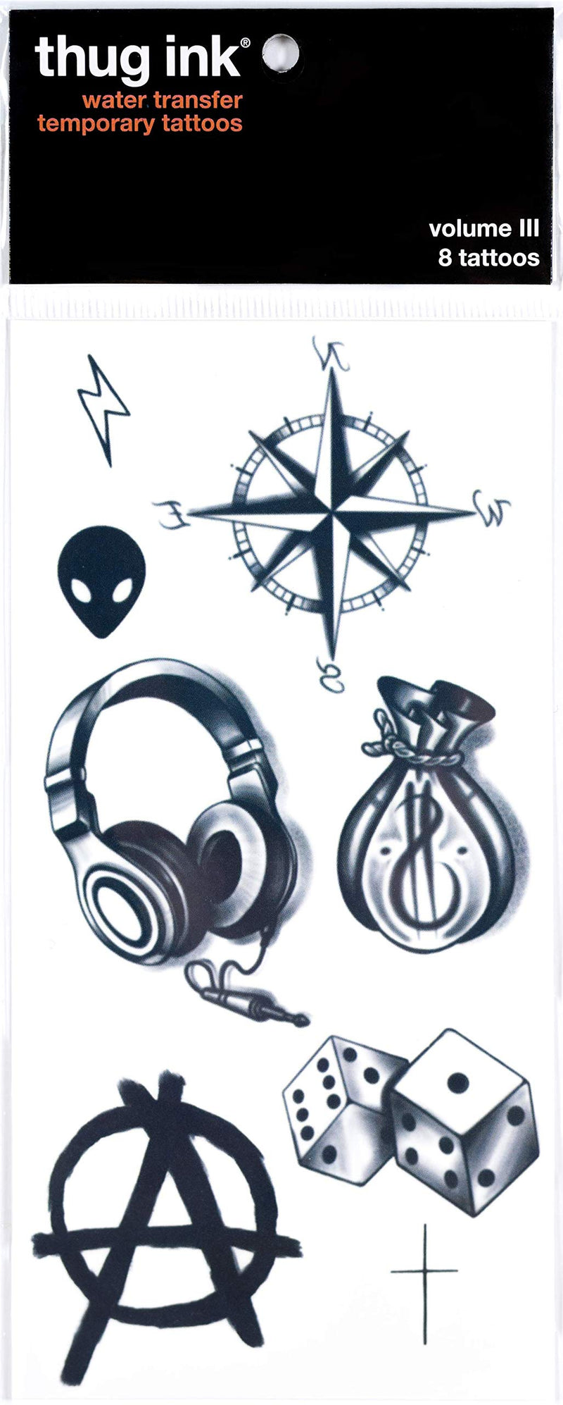 Thug Ink Temporary Tattoos - Volume III - 8 Temporary Tattoos ~ Face Tattoos ~ Money Bag, Compass, Alien Head, etc~ Thug Life ~ Fake Tattoos ~ Water-transfer Tattoos Thug Ink