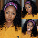 Borchan Headband Wig Scarf Human Hair Wigs None Lace Front Wigs Virgin Human Hair For Black Women Glueless Machine Made Deep Wave Headband Wig Natural Color 150% Density (16 Inch) Borchan