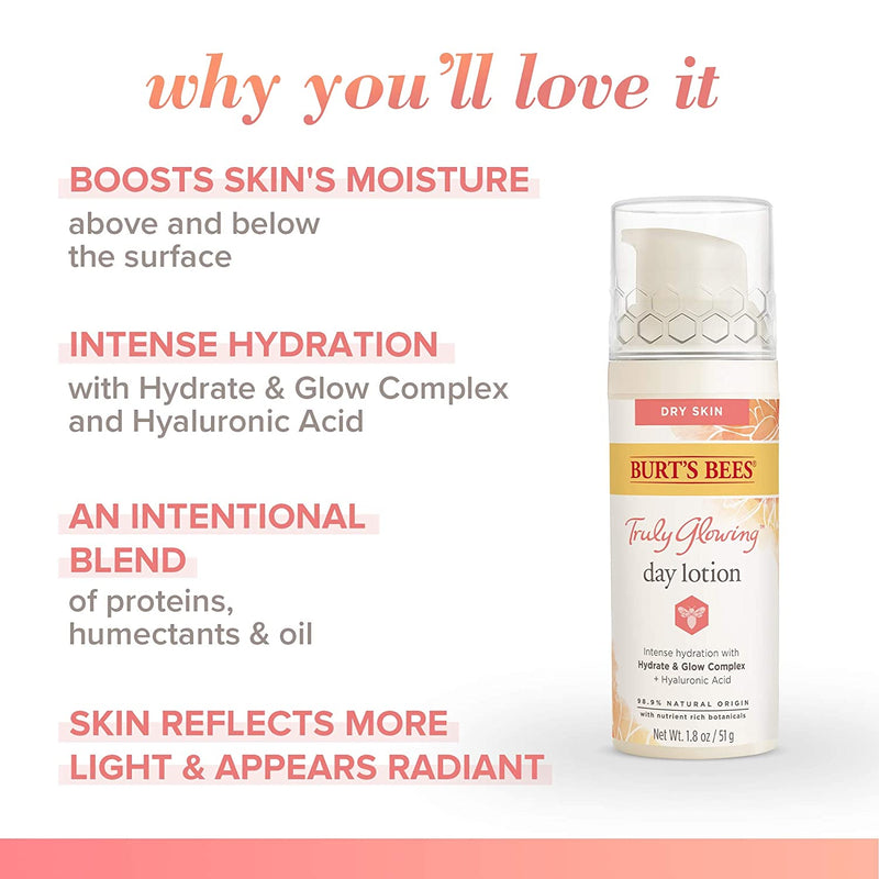 Burt's Bees Truly Glowing Day Lotion Face Cream with Hydrate and Glow Complex for Dry Skin, 1.8 Fluid Ounces Burt's Bees Store