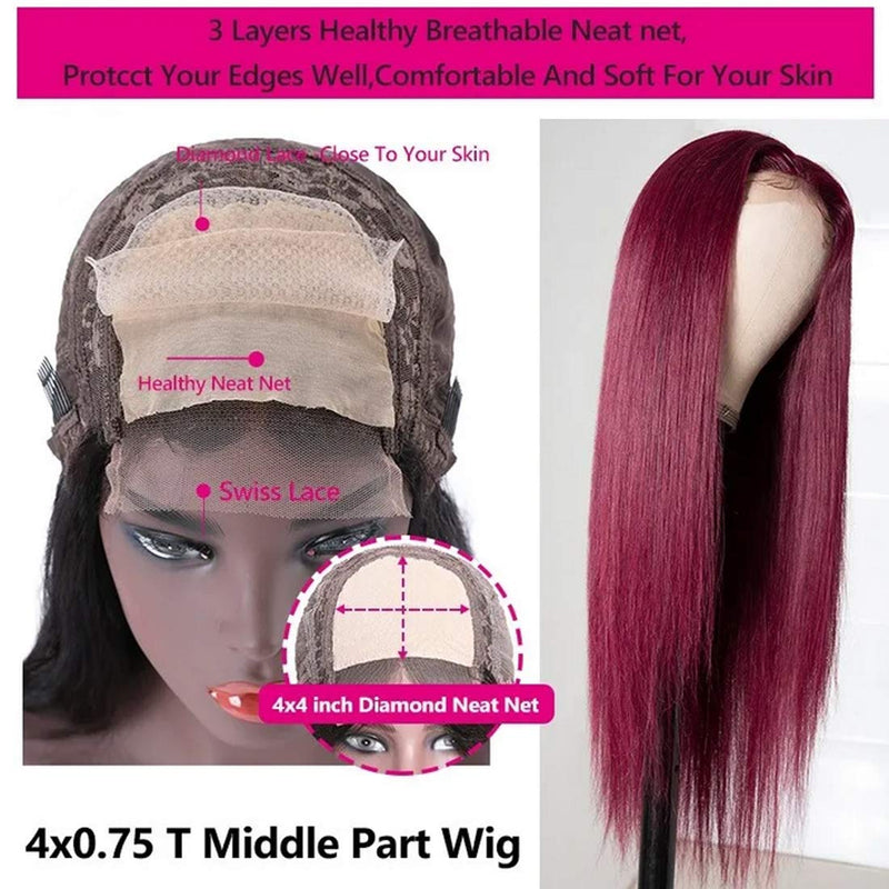 Beauty Forever Hand Tied T Part Lace Wig Human Hair Lace Part Wigs Long Straight Hair 24inch 99J Color Middle Part 150% Density For Black Women Beauty Forever Store