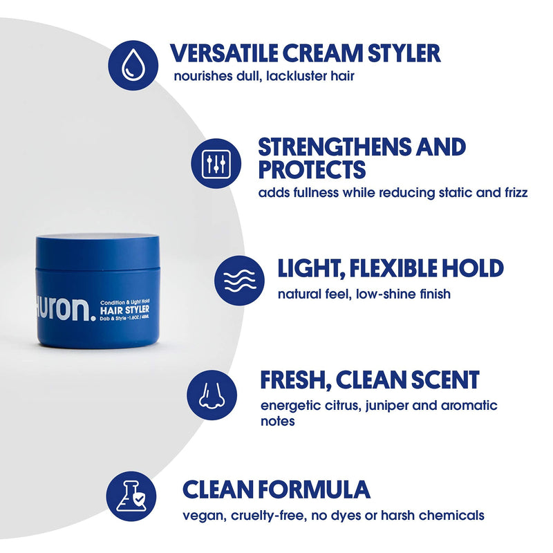 Huron - Men's Condition & Light Hold Hair Styler. Versatile grooming cream smooths & conditions while providing a light, flexible hold and matte finish. Fresh, clean scent. 100% vegan. 1.6 oz. HURON