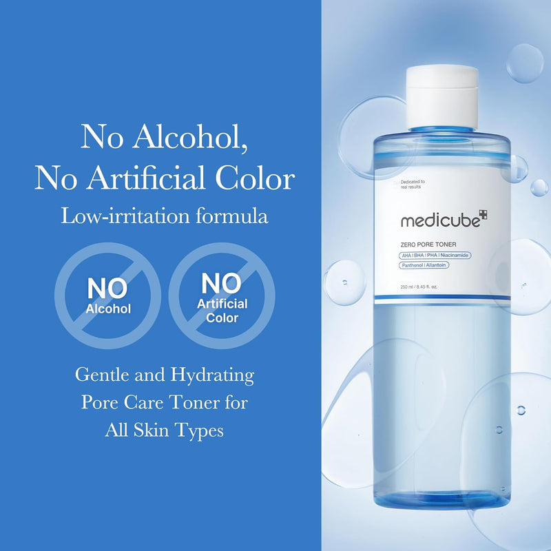medicube Zero Pore Toner I Exfoliating & Hydrating Blue Bottle Water Toner with AHA, BHA, PHA, Niacinamide, and Panthenol | Korean Skin Care for Pores, Texture, and Moisture Care (8.45 fl. oz.) - Infinity Warehouse