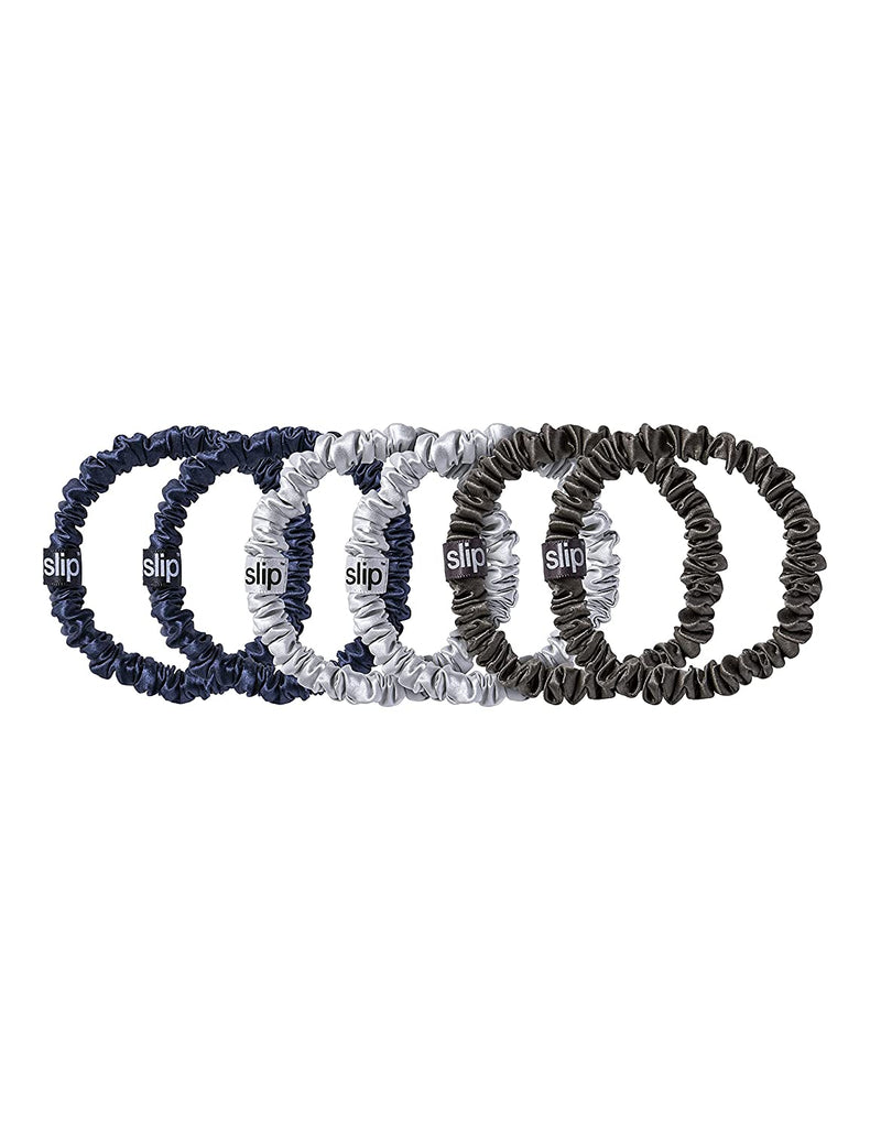 Slip Silk Skinnie Scrunchies Midnight Collection (Charcoal, Navy, Silver) - 100% Pure 22 Momme Mulberry Silk Scrunchies for Women - Hair-Friendly + Luxurious Elastic Scrunchies Set (6 Scrunchies) SLIP Store